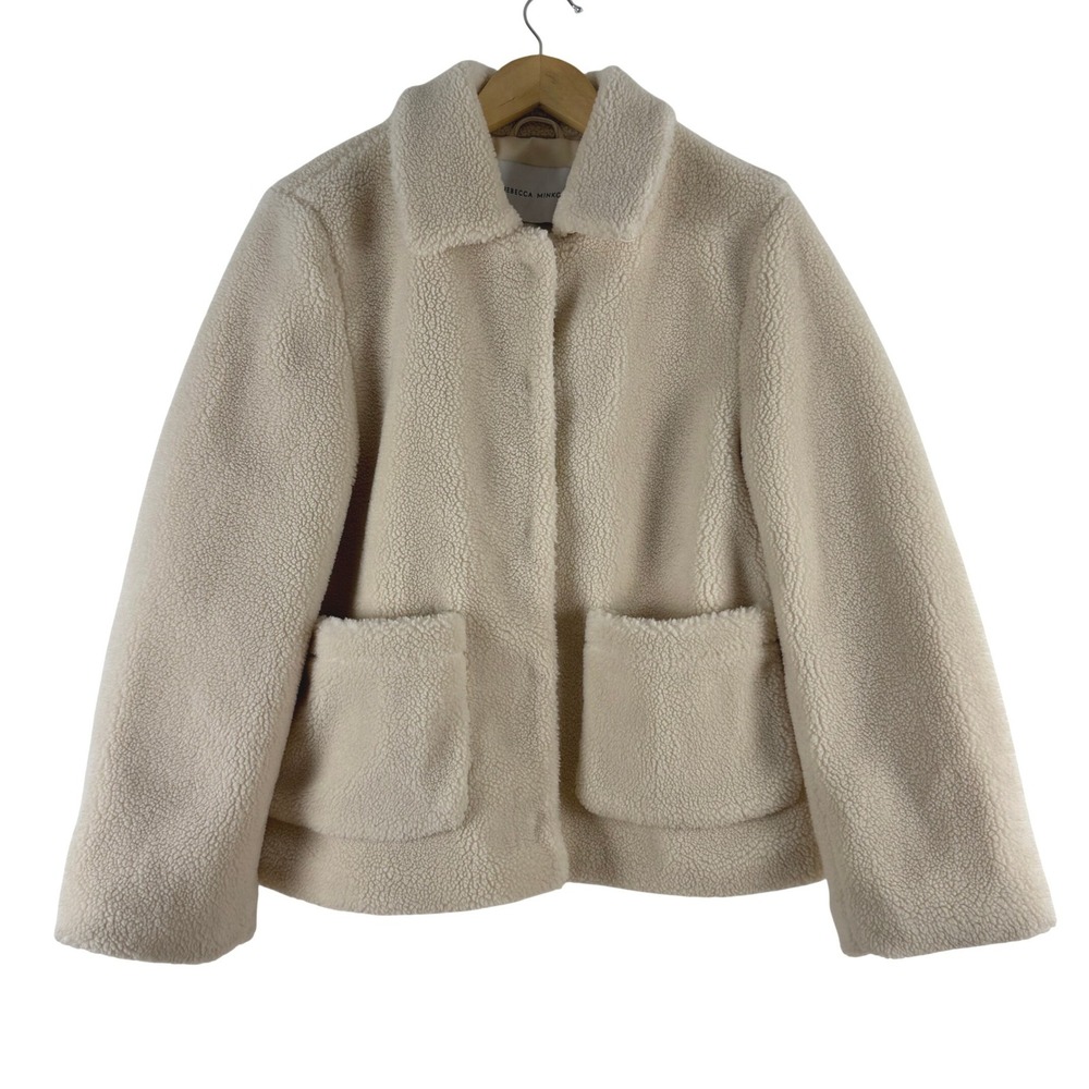 Rebecca Minkoff Sherpa Fleece Teddy Coat Cream Button Front Pockets Women's S
